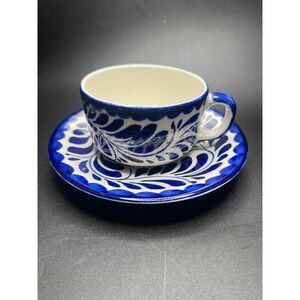 Anfora Hand Painted Blue White Talavera Ceramic Coffee Cup and Saucer Set Mexico